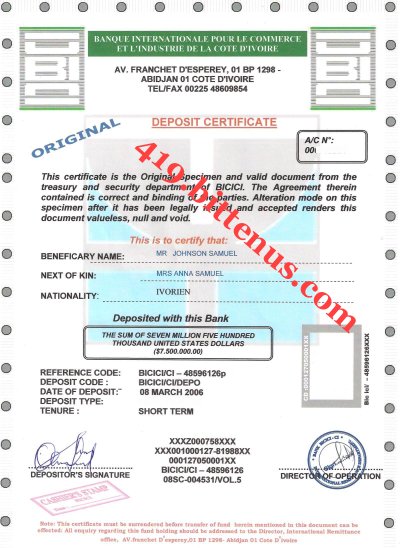 Bank Deposit Certificate